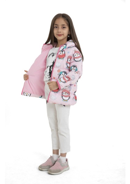 Kız Çocuk Içi Polarlı Kapüşonlu Penguen Şeker Desenli Şişme Mont indirimleri