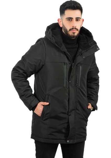 Erkek Siyah Içi Polarlı Su ve Rüzgar Geçirmez Kapüşonlu Mont fiyatları