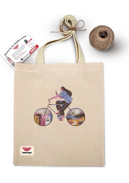 Ham Bez Çanta Tote Bag Bisikletli Kadın Dokuma Saplı Kadın Omuz Çantası