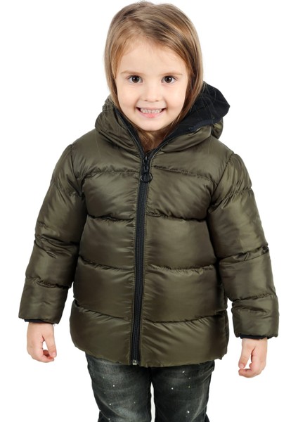 Kız Çocuk Haki İçi Polarlı Kapüşonlu Su ve Rüzgara Dayanıklı Şişme Mont