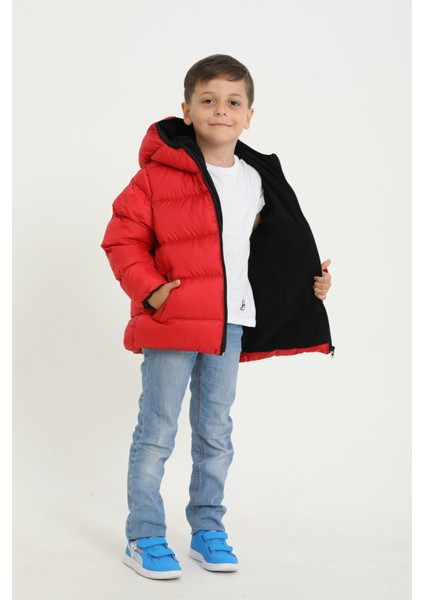 Erkek Çocuk Kırmızı Içi Polarlı Kapüşonlu Su ve Rüzgara Dayanıklı Cepli Şişme Mont fiyatları