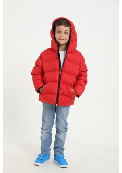 Erkek Çocuk Kırmızı Içi Polarlı Kapüşonlu Su ve Rüzgara Dayanıklı Cepli Şişme Mont fırsatları