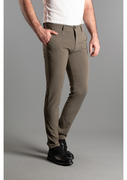 Erkek Haki Gofre Keten Pantolon