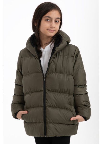 Kız Çocuk Haki Renkli Kapüşonlu Su ve Rüzgar Geçirmez Şişme Mont