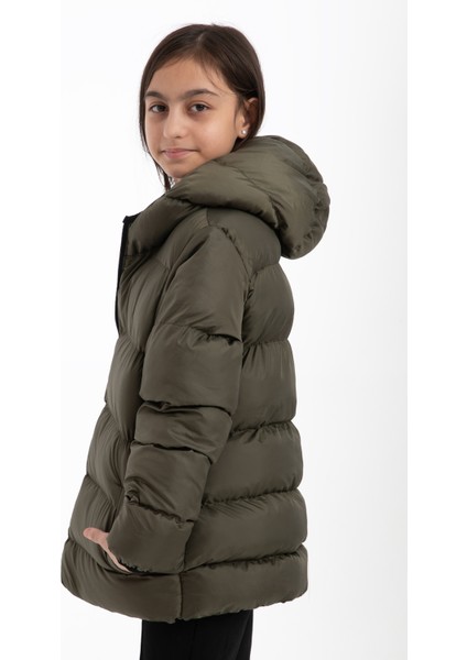Kız Çocuk Haki Renkli Kapüşonlu Su ve Rüzgar Geçirmez Şişme Mont modelleri