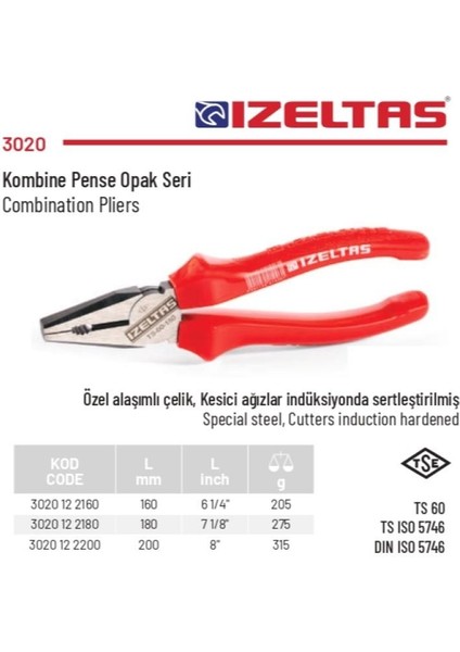 Izeltaş 180 mm Kombine Pense Opak Seri 3020 12 2180 fiyatları