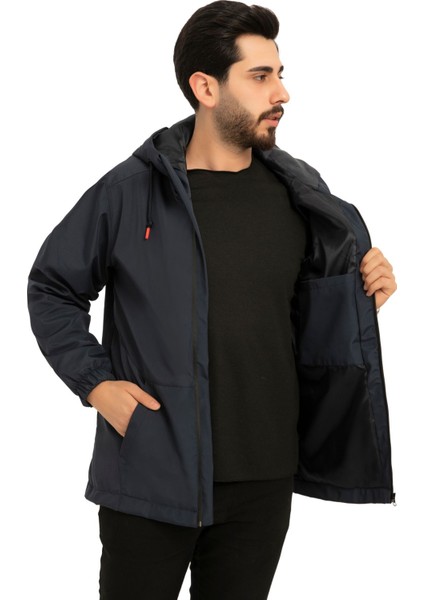 Erkek Lacivert Içi Astarlı Kanguru Cepli Su ve Rüzgar Geçirmez Kapüşonlu Cepli Yağmurluk modelleri