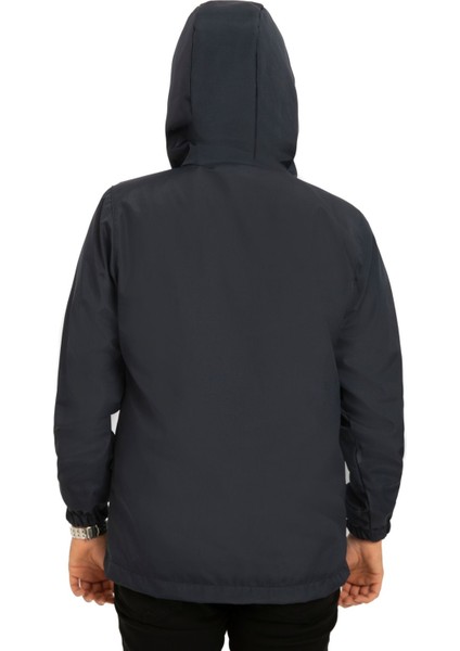 Erkek Lacivert Içi Astarlı Kanguru Cepli Su ve Rüzgar Geçirmez Kapüşonlu Cepli Yağmurluk fırsatları