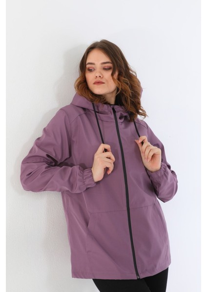 Kadın Mürdüm Içi Astarlı Su Geçirmez ve Rüzgara Dayanıklı Kapüşonlu Iç Cepli Yağmurluk - Rüzgarlık modelleri