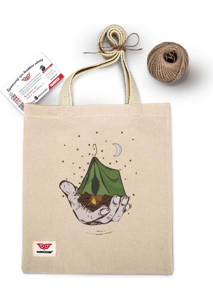 Ham Bez Çanta Tote Bag Kamp ve Gece Dokuma Saplı Kadın Omuz Çantası