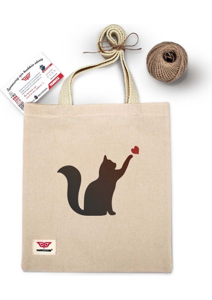 Ham Bez Çanta Tote Bag Kedi ve Kalp Dokuma Saplı Kadın Omuz Çantası