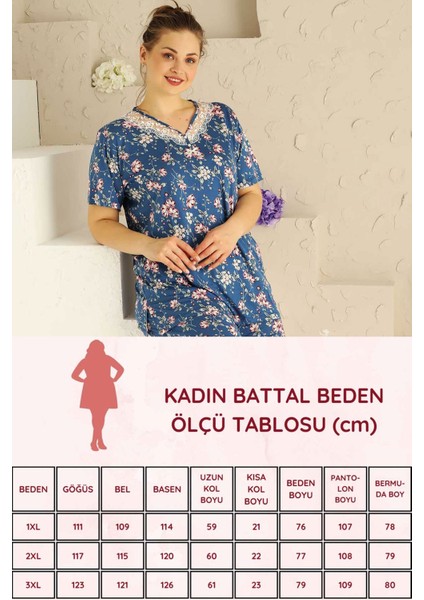 Kadın Indigo Bahar Dalı Kısa Kollu Dantelli V Yaka Büyük Beden Bermuda Pijama Takımı EDY2708B-İ