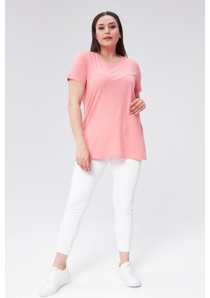 Büyük Beden V Yaka Yırtmaçlı Pamuk Basic Tshirt-Mercan fiyatları