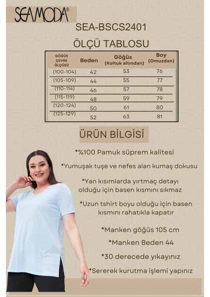 Sea Moda Büyük Beden V Yaka Yırtmaçlı Pamuk Basic Tshirt-Mavi