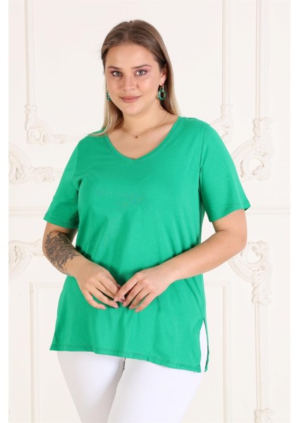 Boyfriend Örme V Yaka Yırtmaçlı T-Shirt-Yeşil