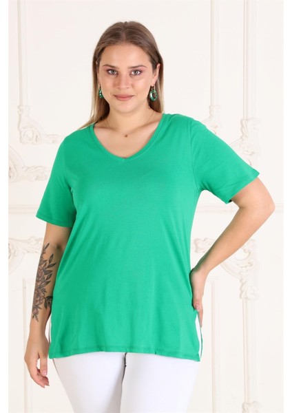 Boyfriend Örme V Yaka Yırtmaçlı T-Shirt-Yeşil