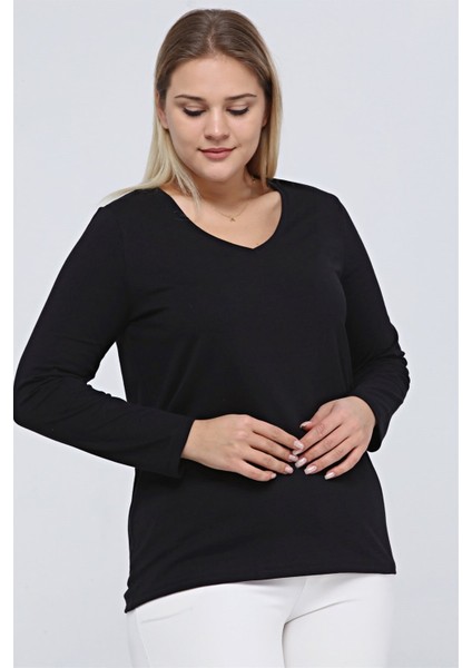 V Yaka Büyük Beden Uzun Kol Tshirt-Siyah fiyatları