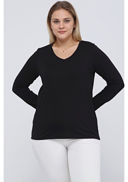 V Yaka Büyük Beden Uzun Kol Tshirt-Siyah fırsatları