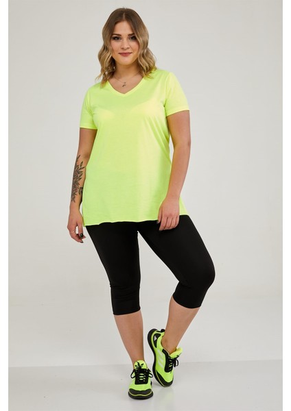 Sea Moda V Yaka Yırtmaçlı Basic Tshirt-Neon Sarı