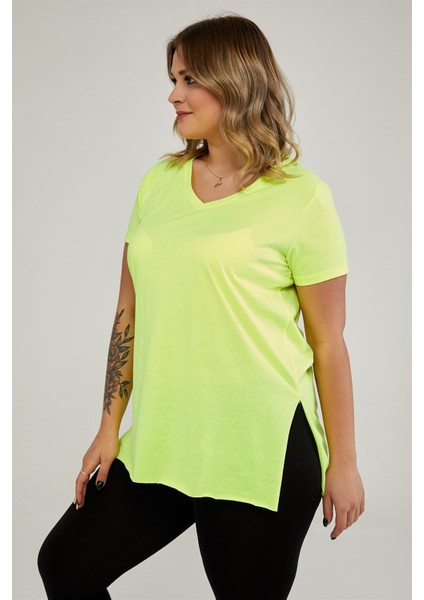 Sea Moda V Yaka Yırtmaçlı Basic Tshirt-Neon Sarı