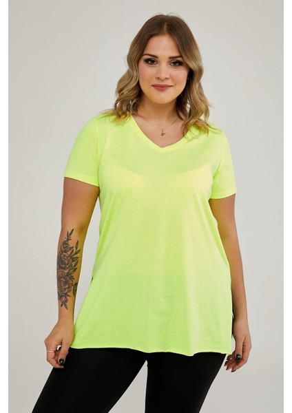 Sea Moda V Yaka Yırtmaçlı Basic Tshirt-Neon Sarı