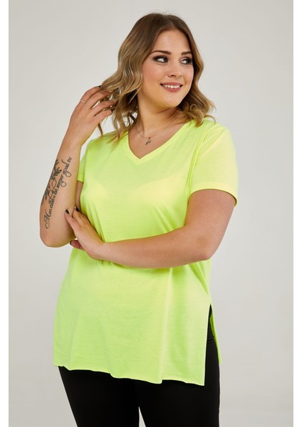 Sea Moda V Yaka Yırtmaçlı Basic Tshirt-Neon Sarı