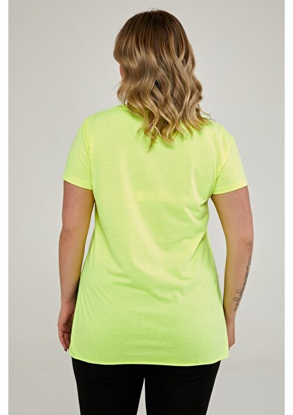 Sea Moda V Yaka Yırtmaçlı Basic Tshirt-Neon Sarı