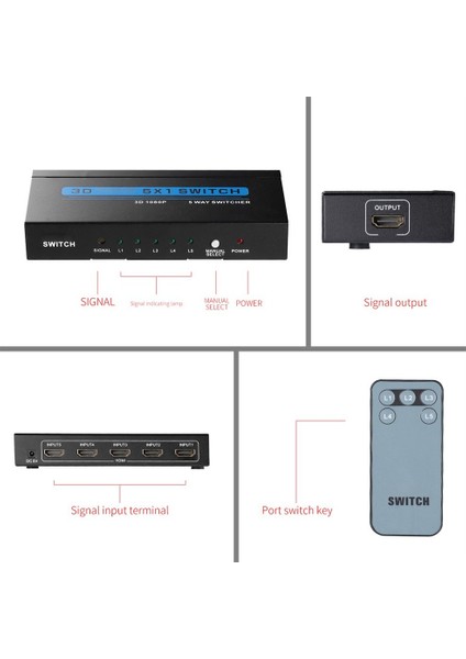 Dijital 5 Bağlantı Noktalı HDMI Uyumlu Anahtar Ir Kablosuz Uzaktan Güç Adaptörü (Yurt Dışından)