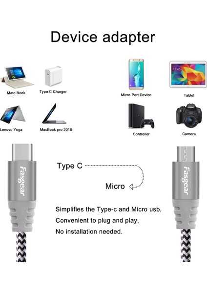 Fasgear USB C Mikro USB Kablosu Naylon Örgülü Şarj Cihazı 3A USB Kablosu Cep Telefonu Samsung Xiaomi Redmi Huawei Şarj Kablosu (Yurt Dışından)