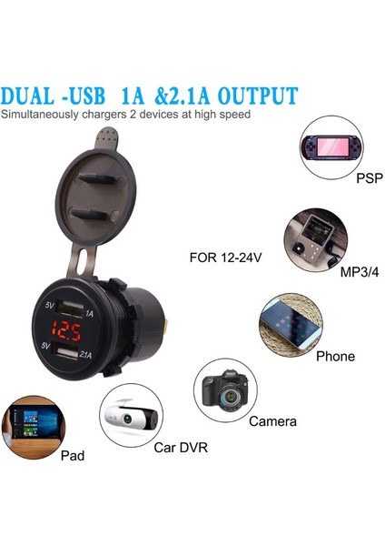 ✿ 12V 24V Su Geçirmez 2.1A Çift USB Bağlantı Noktalı Araç Şarj Cihazı LED Voltmetre ile Cep Telefonu Şarj Güç Çıkışı Adaptörü Araba Deniz Atv Tekne Motosiklet Kamyon Için (Yurt Dışından) fırsatları