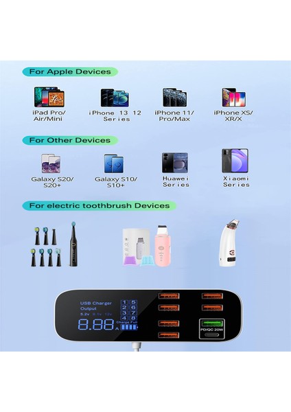 Taşınabilir Akıllı 8 Port USB Araç Şarj Cihazı Qc3.0 Pd Hızlı Şarj Cep Telefonu Şarj Cihazı 40 W 8A LED Ekranlı Çoklu USB Soketi (Yurt Dışından) fırsatları