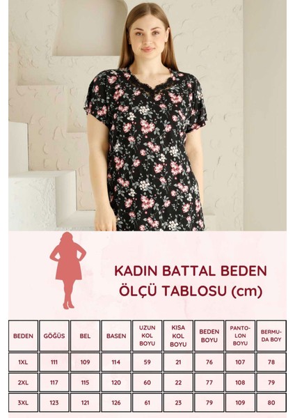 Kadın Siyah Bahar Dalı Kısa Kollu Dantelli V Yaka Büyük Beden Bermuda Pijama Takımı EDY2735B-S