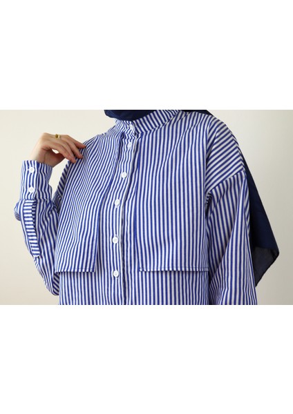 Mavi Beyaz Çizgili Hakim Yaka Kalın Manşet Kadın Gömlek Pelerin Detaylı fiyatları