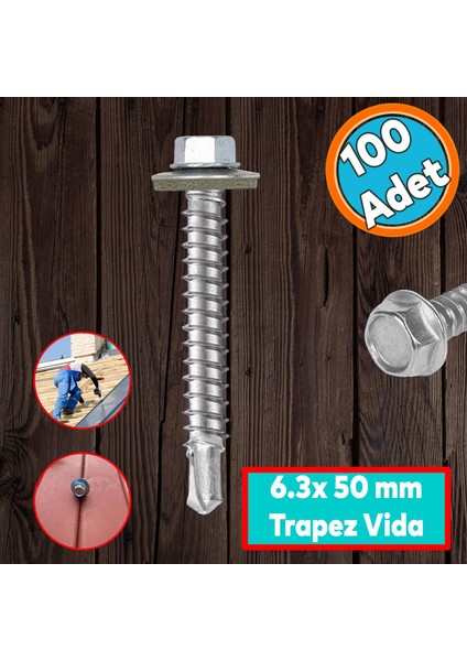 Trapez Çatı Vidası 6.3X50 mm Paket 100 Adet Matkap Uçlu Sac Akıllı Vida Çatı Panel Metal Ağaç Vidası
