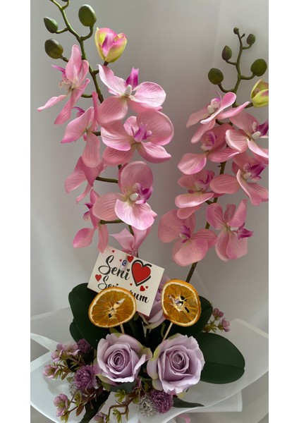 Saksıda Yapay Orkide 2 Dal Pembe Orkide,sevgiliye Hediye,anneye Hediye,masa Çiçeği,vazo Çiçeği