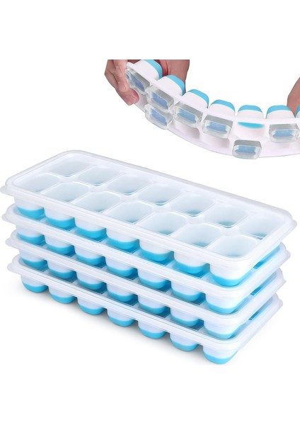 Dondurucu Için Buz Küpü Tepsileri, 4'lü Kapaklı Istiflenebilir Buz Küpü Tepsisi, Bebek Maması, Kokteyl, Kahve Için Kolay Açılan Esnek 56 Küp Silikon Buz Tepsileri (Yurt Dışından)
