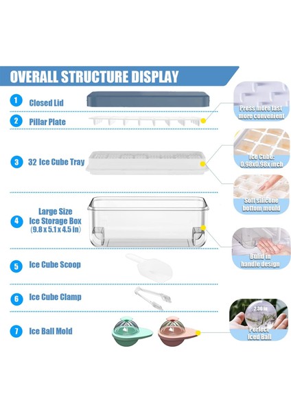Kapaklı ve Kutulu Buz Küpü Tepsisi, 2.5ın Yuvarlak Craft Viski Buz Topları Için 2 Paket, Saklamalı Buz Konteynerli Buz Tepsileri Buz Kovası Kitleri, Buz Maşası, Buz Kaşığı, Büyük B (Yurt Dışından)