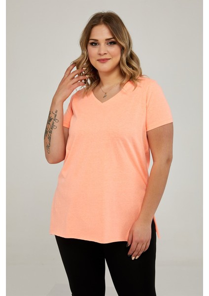 Sea Moda V Yaka Yırtmaçlı Basic Tshirt-Neon Oranj