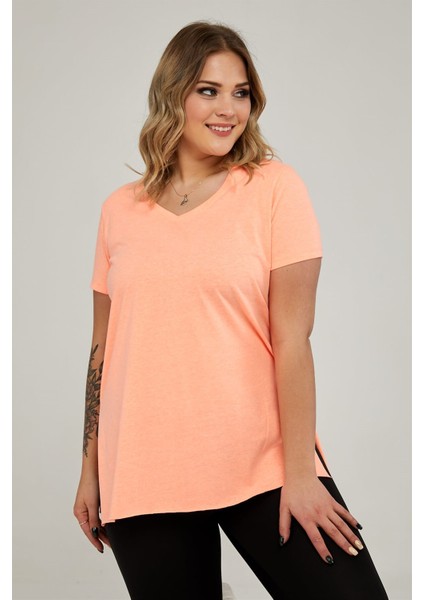 Sea Moda V Yaka Yırtmaçlı Basic Tshirt-Neon Oranj