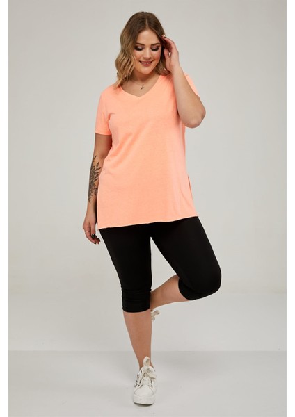 Sea Moda V Yaka Yırtmaçlı Basic Tshirt-Neon Oranj