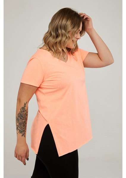 Sea Moda V Yaka Yırtmaçlı Basic Tshirt-Neon Oranj