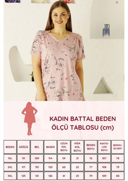 Kadın Pembe Çiçek Desenli V Yaka Kısa Kollu Büyük Beden Bermuda Pijama Takımı EDY2704B-P