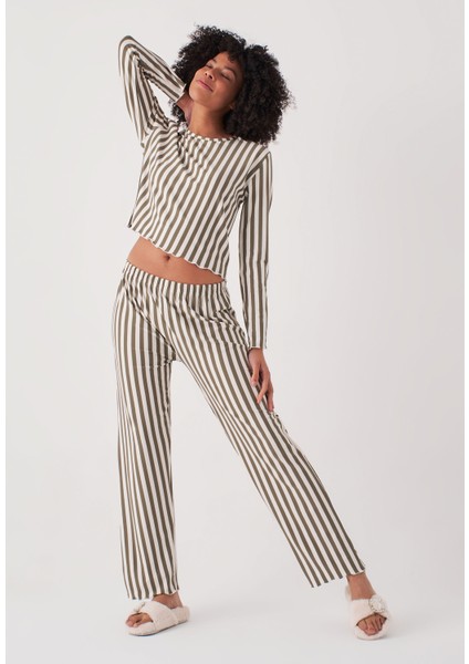 Çizgili Uzun Kollu Pijama Takım - Yeşil