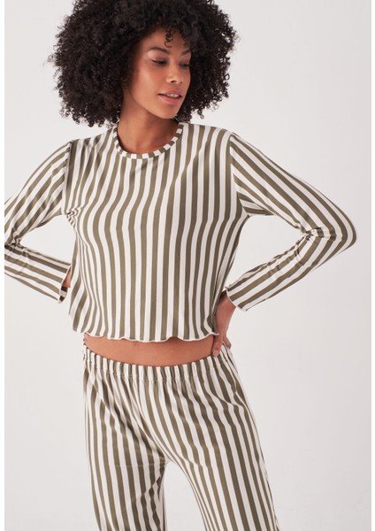 Çizgili Uzun Kollu Pijama Takım - Yeşil fırsatları