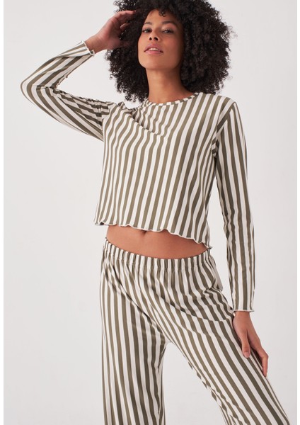 Çizgili Uzun Kollu Pijama Takım - Yeşil indirimleri