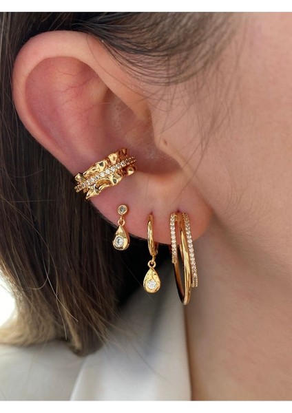 Zirkon Taşlı Halka Altın Kaplama Kadın Earcuff Kıkırdak Küpe
