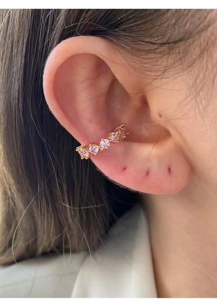 Pembe Oval Taşlı Altın Kaplama Kadın Earcuff Kıkırdak Küpe