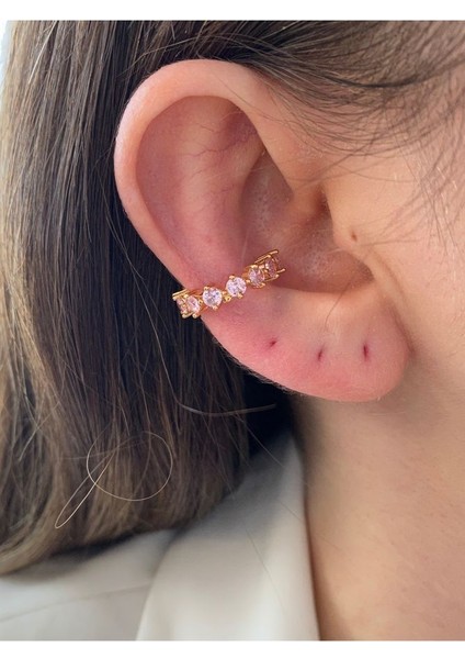 Pembe Oval Taşlı Altın Kaplama Kadın Earcuff Kıkırdak Küpe