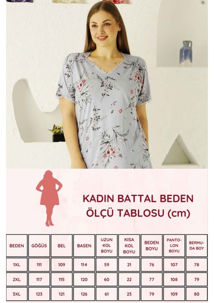 Kadın Mavi Çiçek Desenli V Yaka Kısa Kollu Büyük Beden Bermuda Pijama Takımı EDY2704B-M