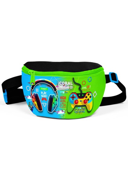 Kids Siyah Fosforlu Yeşil Kulaklık Game Desenli Bel Çantası 11559